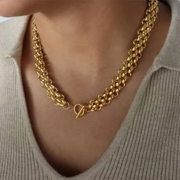 jomjeu Chunky Gold Necklace for Women 18K Gold Plated Thick Chain Toggle Necklace Classic Trendy Big...