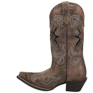 Laredo Womens Lucretia Tooled-Inlay Embroidery Studded Snip Toe Dress Boots Mid Calf Mid Heel 2-3" - Brown - Size 7.5 B_W