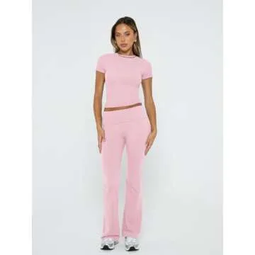Trendy Queen Lounge Sets For Women 2 Piece Casual Y2K Outfits Short Sleeve Cropped Tops Fold Over Flare Pants Tracksuits Pink M