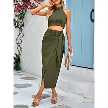 CFLONGE Women's 2 Piece Outfits Casual Sleeveless Halter Crop Top and Draped Ruched Maxi Skirt Set Solid Suiting for Cocktail Party(Army Green,Small)