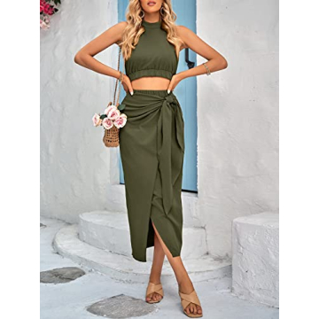 CFLONGE Women's 2 Piece Outfits Casual Sleeveless Halter Crop Top and Draped Ruched Maxi Skirt Set Solid Suiting for Cocktail Party(Army Green,Small)