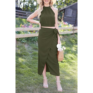 CFLONGE Women's 2 Piece Outfits Casual Sleeveless Halter Crop Top and Draped Ruched Maxi Skirt Set Solid Suiting for Cocktail Party(Army Green,Small)
