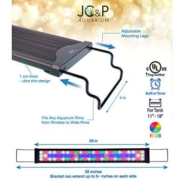 JC&P Full Spectrum Aquarium LED Light with Extendable Brackets with Red, Green, Blue and White LEDs Aquatic Fish Tank Light with Dimming Timer, Color Modes and Control 32W(28"-36")