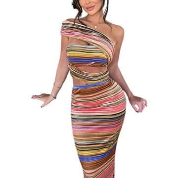 Archipere Women Striped Bodycon Dress Summer Irregular Cutout One Shoulder Sleeveless Beach Party Dr...