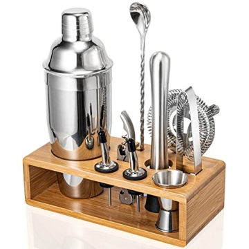 Cocktail Shaker Set - 10-Piece Mixology Bartender Kit with Bamboo Stand