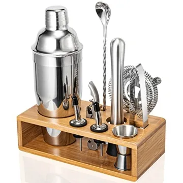 Cocktail Shaker Set - 10-Piece Mixology Bartender Kit with Bamboo Stand