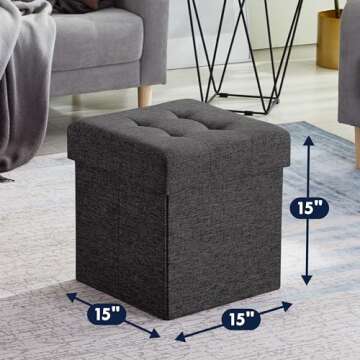 Ornavo Home 15 Inch Folding Storage Ottoman with Storage, Square Small Storage Ottoman Foot Rest Sto...