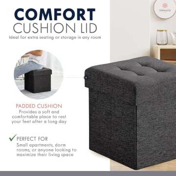 Ornavo Home 15 Inch Folding Storage Ottoman with Storage, Square Small Storage Ottoman Foot Rest Stool, Bedroom Bench with Storage - (Black)