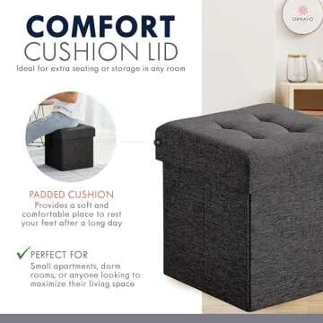 Ornavo Home 15 Inch Folding Storage Ottoman with Storage, Square Small Storage Ottoman Foot Rest Stool, Bedroom Bench with Storage - (Black)