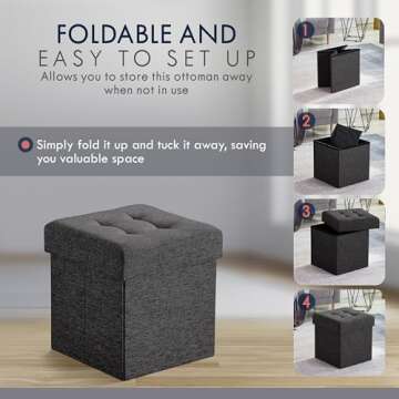 Ornavo Home 15 Inch Folding Storage Ottoman with Storage, Square Small Storage Ottoman Foot Rest Stool, Bedroom Bench with Storage - (Black)