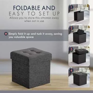 Ornavo Home 15 Inch Folding Storage Ottoman with Storage, Square Small Storage Ottoman Foot Rest Stool, Bedroom Bench with Storage - (Black)