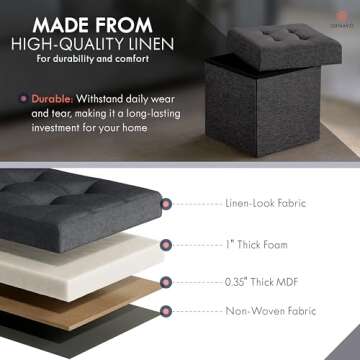 Ornavo Home 15 Inch Folding Storage Ottoman with Storage, Square Small Storage Ottoman Foot Rest Stool, Bedroom Bench with Storage - (Black)