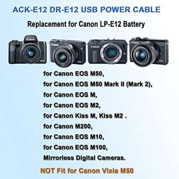 TKDY ACK-E12 USB Cord Power Supply Dummy Battery Kit for Canon Cameras