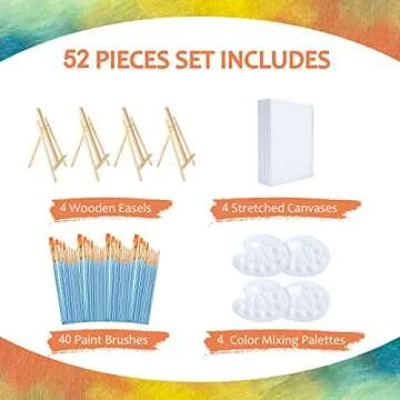 Easel & Canvas Sets 52 Pcs Painting Supplies(4 PCS Easels+4 PCS Canvases+ 40 PCS Brushes+4 PCS Palet...