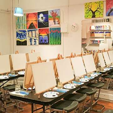 Easel & Canvas Sets 52 Pcs Painting Supplies(4 PCS Easels+4 PCS Canvases+ 40 PCS Brushes+4 PCS Palettes) 16 Inch Tabletop Easel Wooden Art Easel for Kids & Adults/Sip and Paint Party Supplies