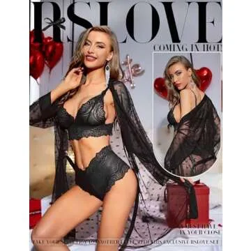 RSLOVE Women Sexy Lingerie Set 3 Piece Lace Kimono Robe with Bra and Panty Sheer Sleepwear Black XL