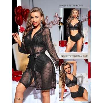 RSLOVE Women Sexy Lingerie Set 3 Piece Lace Kimono Robe with Bra and Panty Sheer Sleepwear Black XL