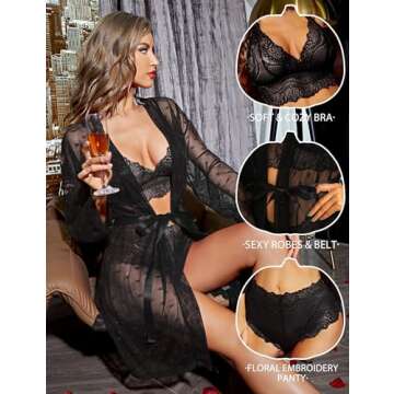 RSLOVE Women Sexy Lingerie Set 3 Piece Lace Kimono Robe with Bra and Panty Sheer Sleepwear Black XL