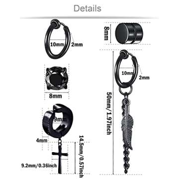 Ofeiyaa 12 Pairs Magnetic Stud Earrings Stainless Steel Non Pierced Earrings Punk CZ Hoop Dangle Hin...