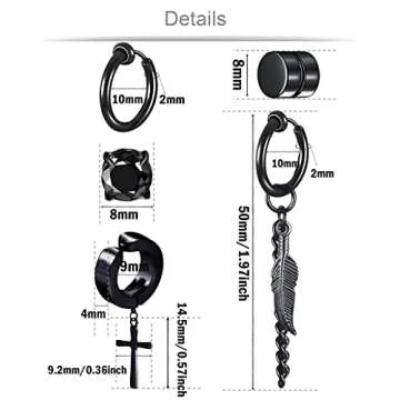 Ofeiyaa 12 Pairs Magnetic Stud Earrings Stainless Steel Non Pierced Earrings Punk CZ Hoop Dangle Hin...