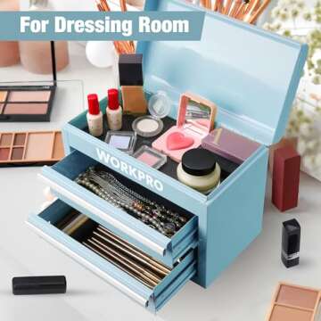 WORKPRO Mini Metal Tool Box with 2 Drawers and Top Storage, Small Tool Chest with PVC Liners and PP Feet Pads, Cold Rolled Steel Toolbox with Magnetic Tab