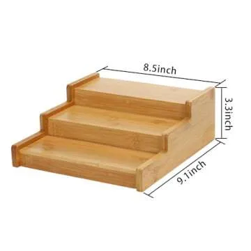 Lustiger Chef Spice Rack Organizer for Cabinet, Expandable Natural Bamboo Desk Shelf, 3-Tier Adjusta...
