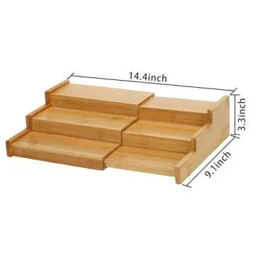 Lustiger Chef Spice Rack Organizer for Cabinet, Expandable Natural Bamboo Desk Shelf, 3-Tier Adjustable Spice Rack, Storage and Seasoning Shelf Organizer for Kitchen Countertop Pantry Tabel
