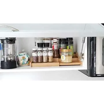 Lustiger Chef Spice Rack Organizer for Cabinet, Expandable Natural Bamboo Desk Shelf, 3-Tier Adjustable Spice Rack, Storage and Seasoning Shelf Organizer for Kitchen Countertop Pantry Tabel