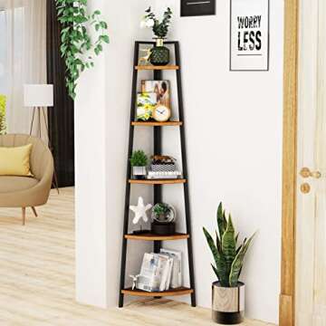 SpringSun 5-Tier Ladder Corner Shelf, Display Rack Multipurpose Bookshelf and Plant Stand for Living Room(Brown)