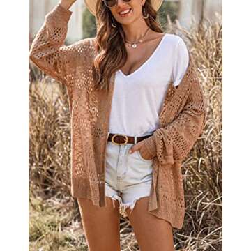 HOTOUCH Plus Size Cardigan for Women Summer Crochet Lightweight Long Sleeve Cardigans for Beach Khaki XXL