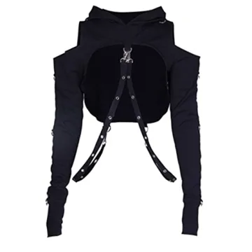 Women Gothic Punk Hoodies Bandage Crop Tops Long Sleeve Off Shoulder Pullover Sweatshirt for Rave Fe...