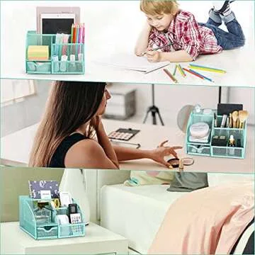 POPRUN Green Desk Organzier for Women, Mesh Office Supplies Cute Stationary Organization Office Accessories Essentials Caddy with Drawer for Home & Office Desktop & Decor& Kitchen