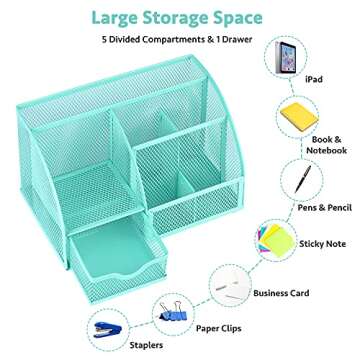 POPRUN Green Desk Organzier for Women, Mesh Office Supplies Cute Stationary Organization Office Accessories Essentials Caddy with Drawer for Home & Office Desktop & Decor& Kitchen