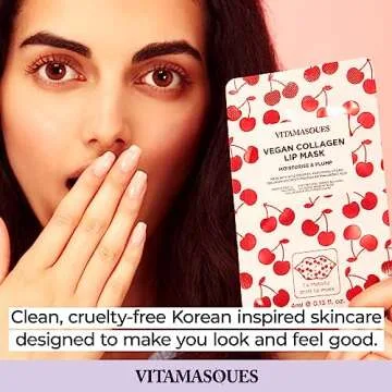 Vitamasques Lip Mask, 3-Pack - Cherry Vegan Collagen Lip Mask Sheets, Repair for Dry & Chapped Lips - Nourishing & Hydrating - Wild Cherries & Hyaluronic Acid - Vegan & Cruelty-Free