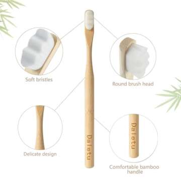 Daletu Bamboo Toothbrush, Biodegradable Toothbrushes Extra Soft Bristles, 20000 Soft Natural Bristle Toothbrush, Eco Friendly Toothbrushes for Sensitive Teeth Gum Recession - 4 Pack