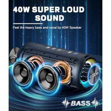 Ortizan Bluetooth Speakers, 40W Loud Sound, Wireless Stereo, IPX7 Waterproof, Extra Bass, LED Light,...