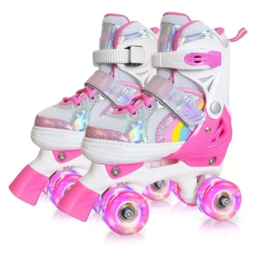 Nattork Girls Roller Skates for Kids Toddler, 4 Sizes Adjustable Rainbow Quad Skates with Light up W...