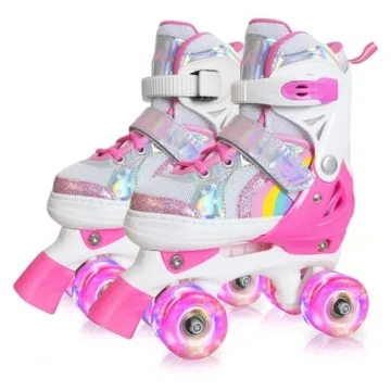 Nattork Girls Roller Skates for Kids Toddler, 4 Sizes Adjustable Rainbow Quad Skates with Light up W...