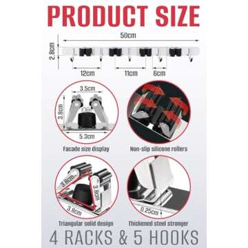 Mop and Broom Holder Wall Mount, Keep your Closet and Garage Tidy with a Heavy Duty Wall Mounted Mop and Broom Holder, - Utility Rack Laundry Room Organization and Storage Tool Rack Organizer Hooks