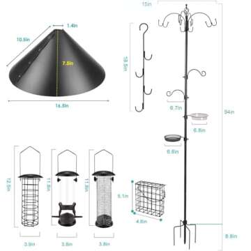 Bird Feeding Station Kit Bird Feeder Pole Wild Bird Feeder Kit with Squirrel Baffle and Suet Cage Mesh Tray Fruit Hook Double W Hook for Attracting Wild Birds