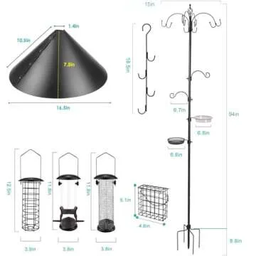 Bird Feeding Station Kit Bird Feeder Pole Wild Bird Feeder Kit with Squirrel Baffle and Suet Cage Mesh Tray Fruit Hook Double W Hook for Attracting Wild Birds