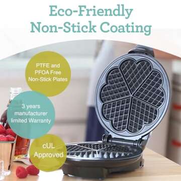 Euro Cuisine WM520 Heart Shaped Iron Waffle Maker - Eco-Friendly PTFE and PFOA Free Non Stick Plates...