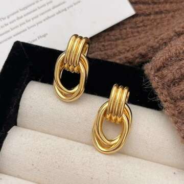 ConeyClare Chunky Gold Hoop Dangle Earrings for Women, Minimalist Doorknocker Gold Silver Knot Earri...