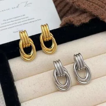 ConeyClare Chunky Gold Hoop Dangle Earrings for Women, Minimalist Doorknocker Gold Silver Knot Earrings, Statement Jewelry Gift (gold1)