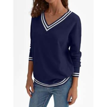 LILLUSORY Women V Neck Sweaters Oversized Striped Pullover Drop Shoulder Long Sleeve Knit Fall Fashion Outfits Clothes Top Blue Large