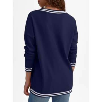 LILLUSORY Women V Neck Sweaters Oversized Striped Pullover Drop Shoulder Long Sleeve Knit Fall Fashion Outfits Clothes Top Blue Large