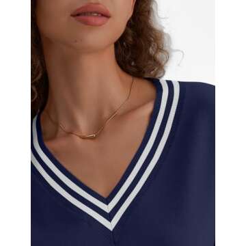 LILLUSORY Women V Neck Sweaters Oversized Striped Pullover Drop Shoulder Long Sleeve Knit Fall Fashion Outfits Clothes Top Blue Large