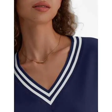 LILLUSORY Women V Neck Sweaters Oversized Striped Pullover Drop Shoulder Long Sleeve Knit Fall Fashion Outfits Clothes Top Blue Large