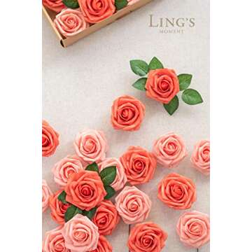 Ling's Moment Artificial Flowers 50Pcs Coral Roses Decor w/Stems,3" Real Touch DIY Foam Floral for Wedding Bouquet/Centerpieces, Outdoors Party Backdrop, Room/Table, and Garden/Pot Decorations