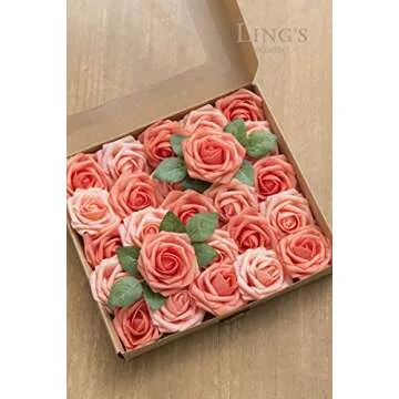 Ling's Moment Artificial Flowers 50Pcs Coral Roses Decor w/Stems,3" Real Touch DIY Foam Floral for Wedding Bouquet/Centerpieces, Outdoors Party Backdrop, Room/Table, and Garden/Pot Decorations